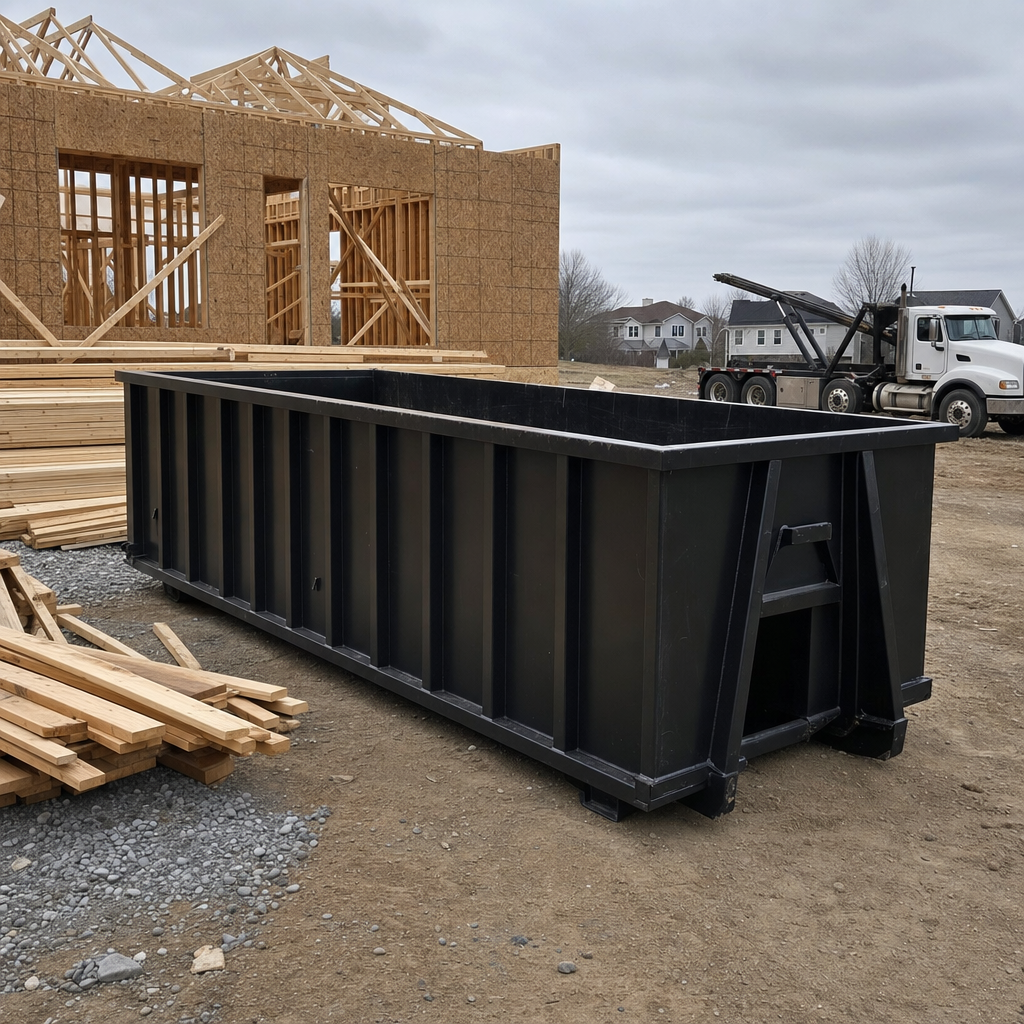 Matte-black 40-yard roll-off dumpster staged on a framed-out residential construction site in Normal, framing lumber stacked nearby, hooklift delivery truck visible in the background under bright Colorado daylight