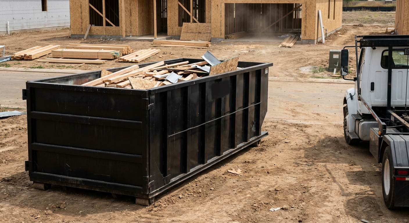 Matte-black 20-yard roll-off construction dumpster with heavy ribbed steel sidewalls and swing rear doors at a working jobsite in Normal, sitting directly on compacted dirt with an unmarked white hauler partially visible at the far edge of the frame.
