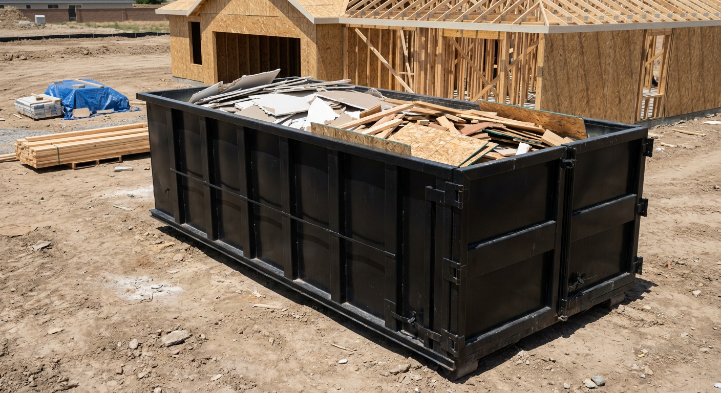 Matte-black 30-yard roll-off construction dumpster sitting directly on the compacted-dirt site of a framed single-family home build in Normal, drywall and lumber scrap loaded inside.