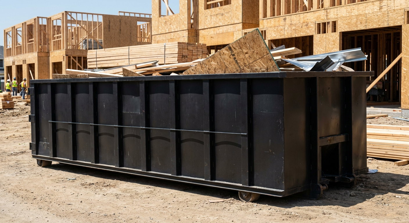 Matte-black 40-yard roll-off construction dumpster being lowered from a white-cab hooklift delivery truck onto the compacted-dirt jobsite at a commercial build site in Normal