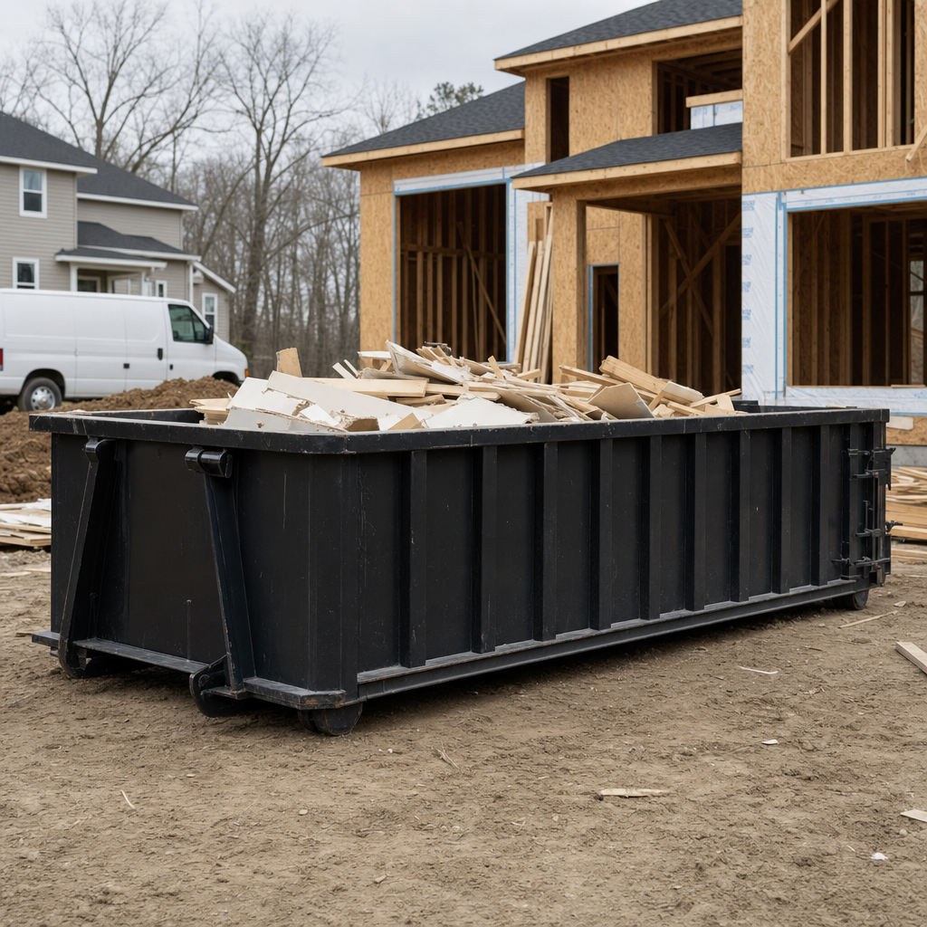 Worker in a yellow high-visibility vest tossing framing lumber and broken drywall into a matte-black 30-yard construction roll-off dumpster on an active build site in Normal, bright daylight