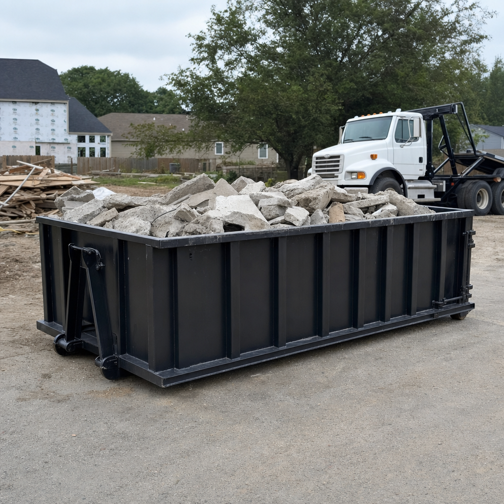 Low-profile matte-black lowboy roll-off dumpster loaded with broken concrete slab and rebar at a foundation tear-out in Normal, skid steer parked beside it, sunny Colorado morning