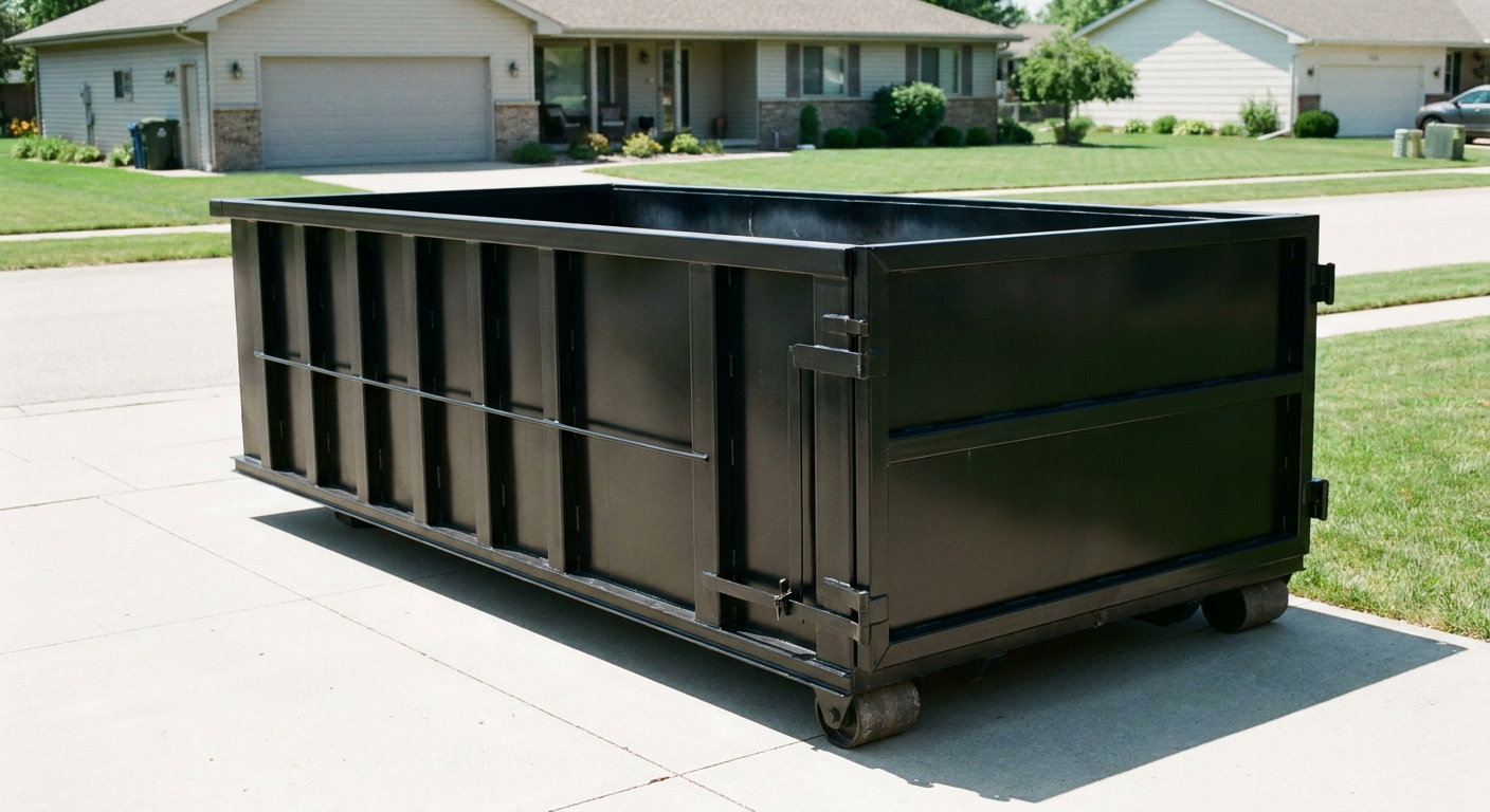 Matte-black 10-yard roll-off dumpster on a residential concrete driveway in Normal, uniformly painted matte black across every panel and rail, ribbed steel sidewalls and rear swing door visible, mid-day daylight.