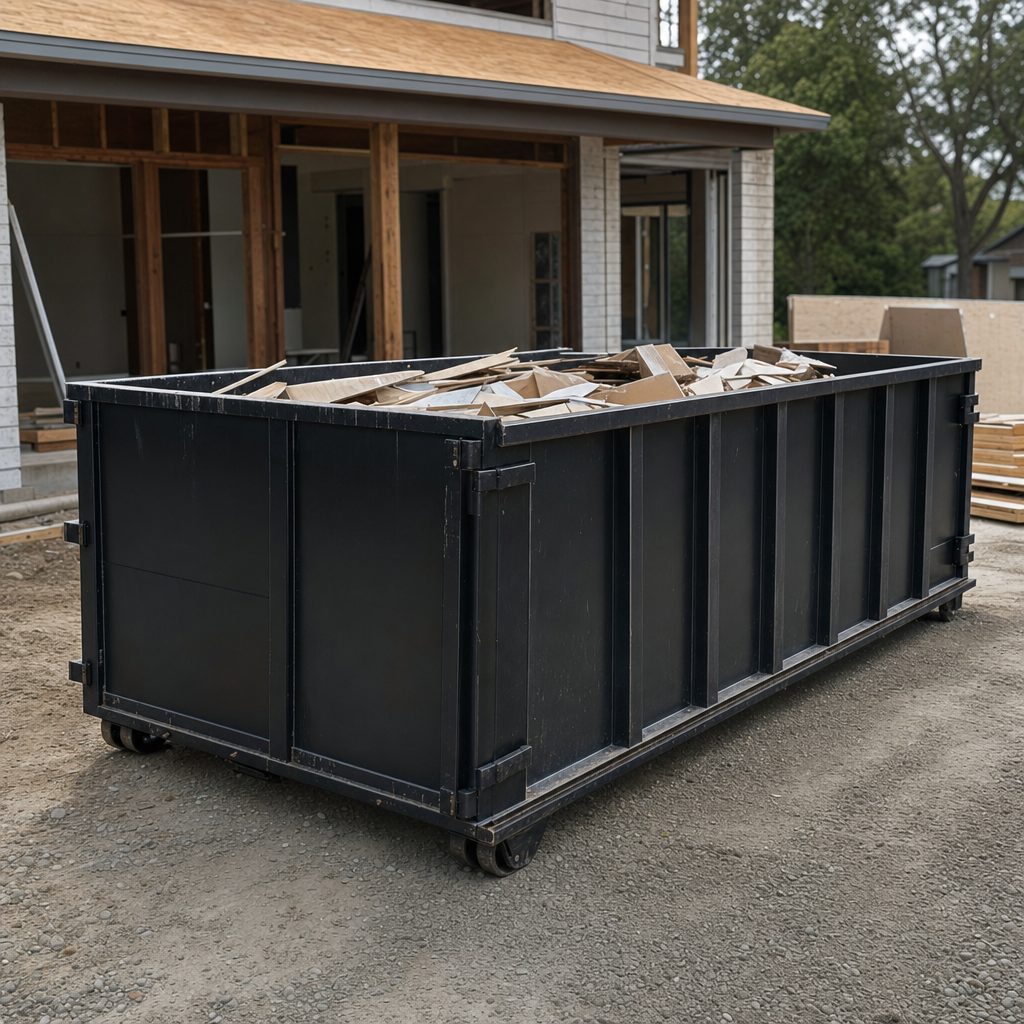 Large matte-black 30-yard construction roll-off dumpster at an active Normal jobsite, steel-gray top rails and bottom rollers visible, loaded with construction debris.