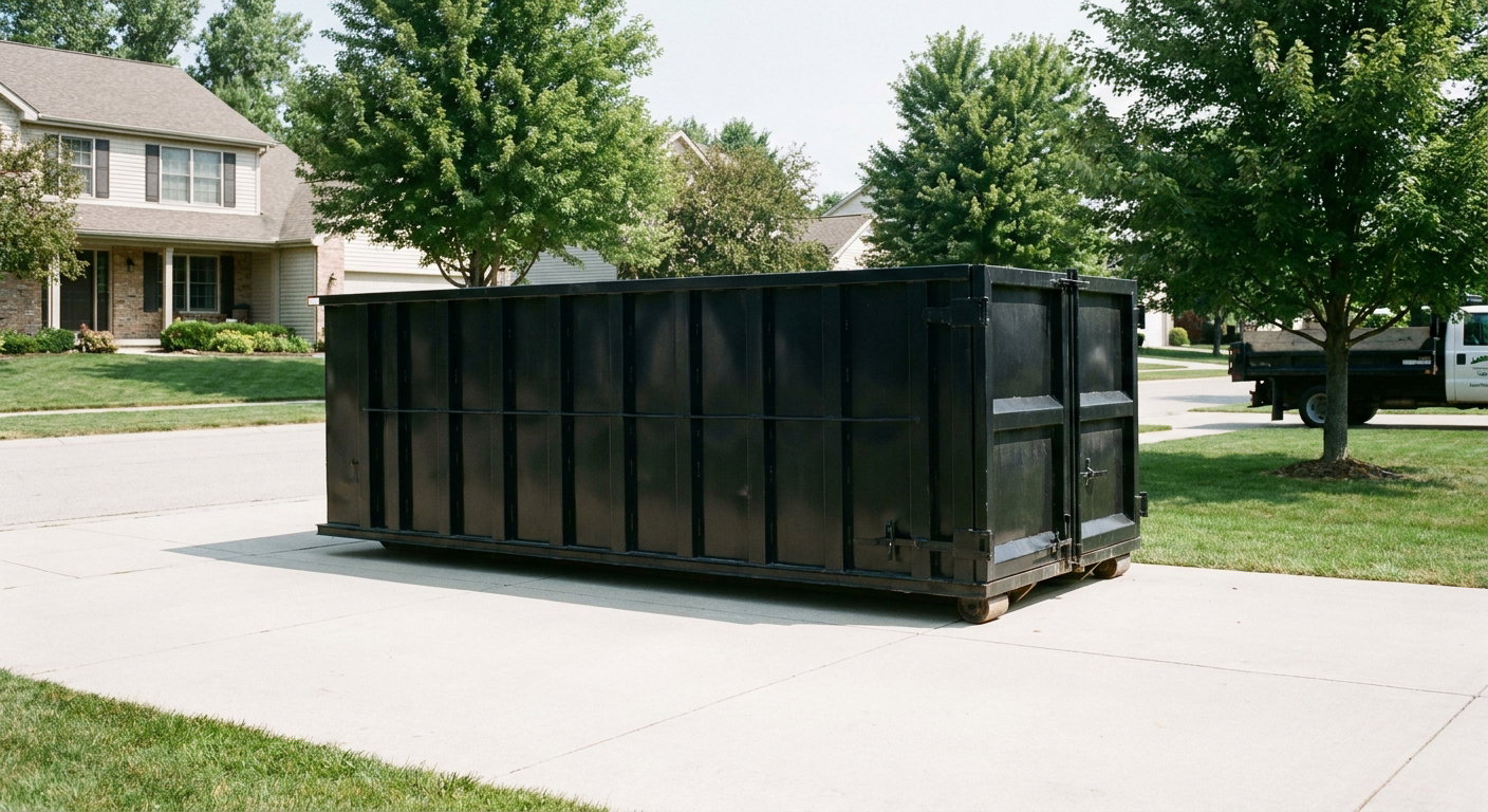 Matte-black 20-yard roll-off dumpster sitting level on a clean Normal residential concrete driveway under bright daylight, demonstrating clean placement directly on the concrete.