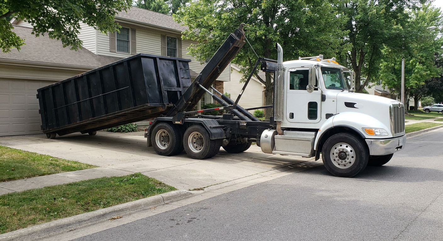 White-cab hooklift roll-off truck actively lowering a matte-black dumpster onto a Normal residential concrete driveway, the dumpster's rear wheels touching the driveway as the hoist arm tilts the bed forward, mid-morning daylight.