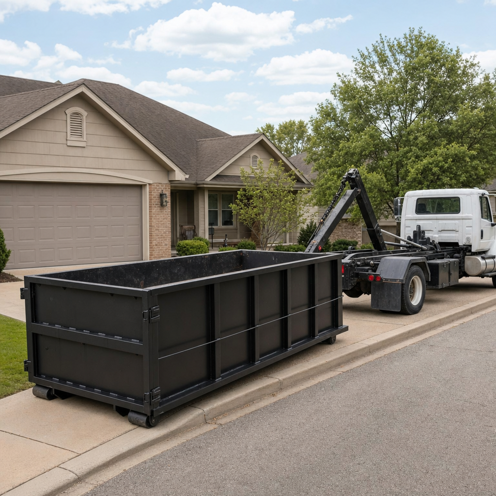 Wide documentary shot of a matte-black roll-off dumpster on a Normal residential driveway in the foreground and a contractor jobsite container in the soft-focus background, bright daylight, calm and orderly composition.