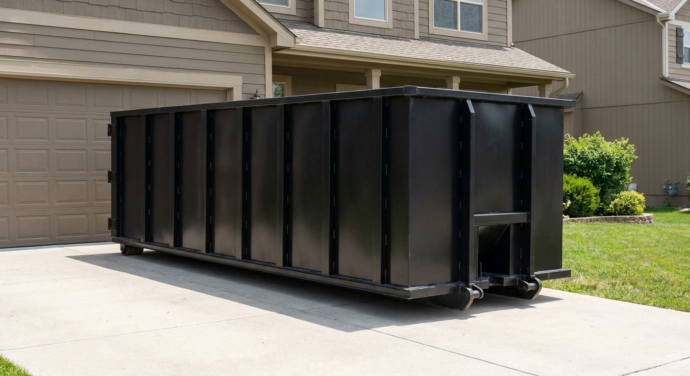 Matte-black residential roll-off dumpster sitting directly on a suburban Normal concrete driveway, garage door closed, single-family home in background, bright morning daylight.