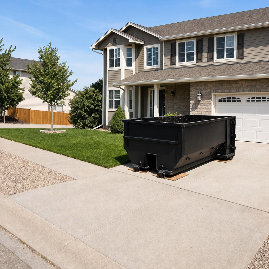 10-yard matte-black residential dumpster placed directly on a narrow Normal concrete driveway, room remains for a parked sedan beside it, mid-morning natural light