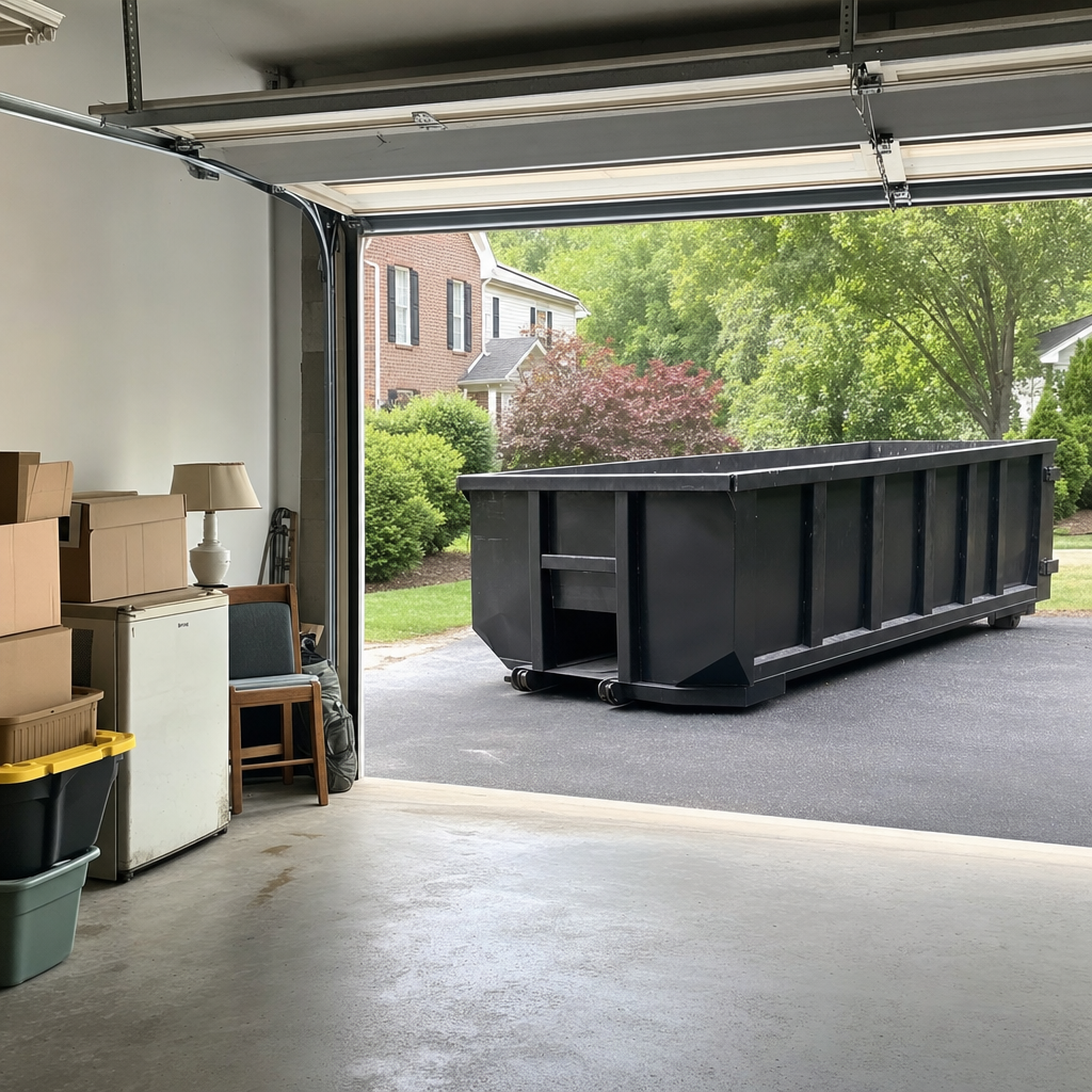 Open garage interior in a Normal home mid-cleanout — boxed items, an old appliance, and stacked yard tools queued near the driveway for a matte-black roll-off dumpster, organized and calm