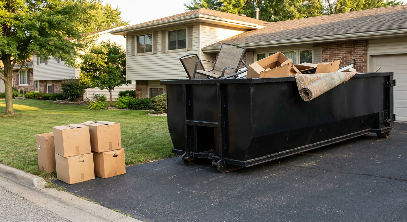 Front-yard view of a Normal split-level home with a 20-yard matte-black roll-off dumpster sitting directly on the asphalt driveway, a few clearly labeled donation boxes staged at the curb, calm sunny afternoon.