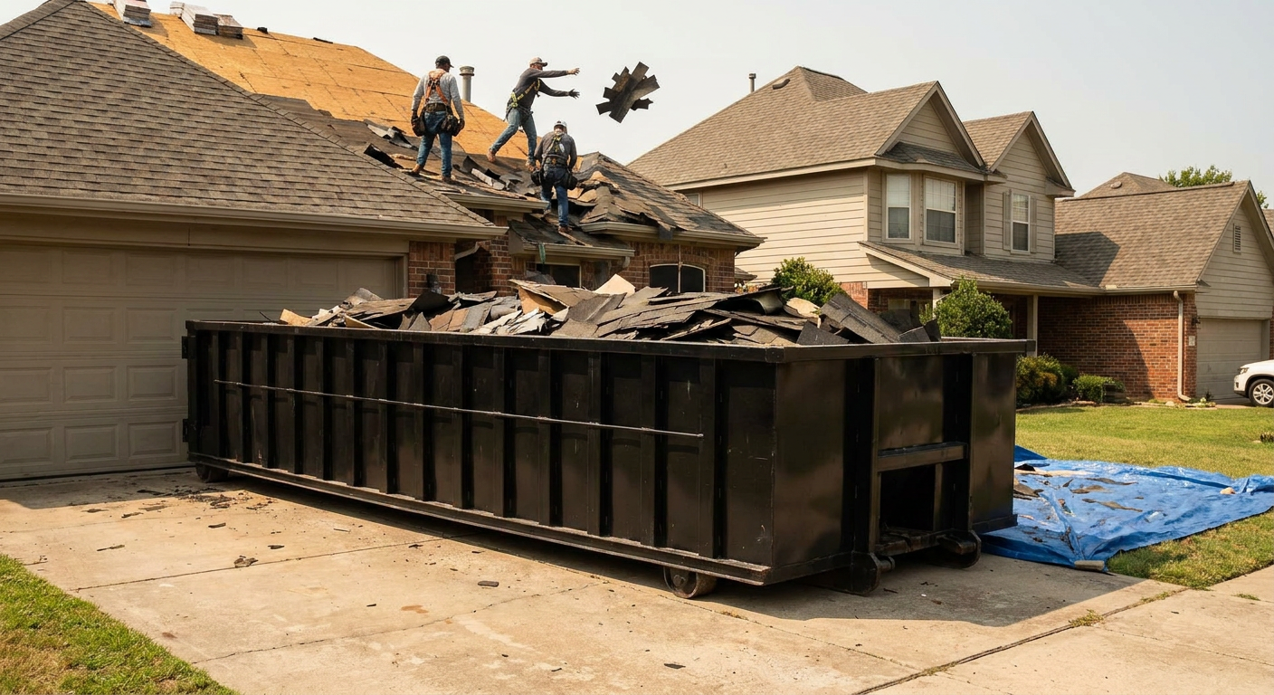 Matte-black roofing roll-off dumpster placed directly on a Normal residential concrete driveway, a tear-off crew on a two-story asphalt-shingle roof tossing shingle bundles into the low-walled container, bright daylight, documentary 35mm perspective.