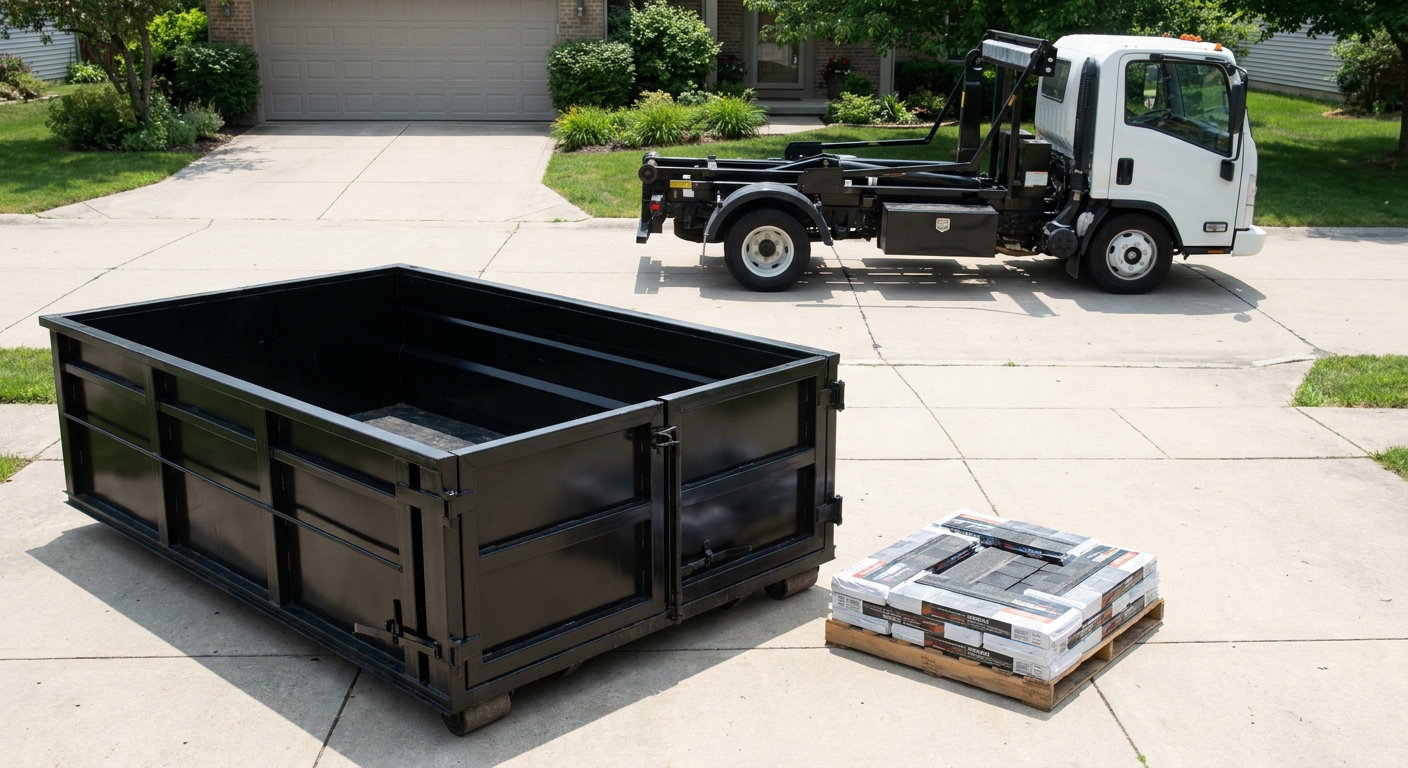 Matte-black 15-yard roofing roll-off dumpster with reinforced low side walls sitting directly on a Normal residential concrete driveway, three-tab asphalt shingle bundles stacked nearby, an unmarked white hauler truck partially visible at the edge of the frame.