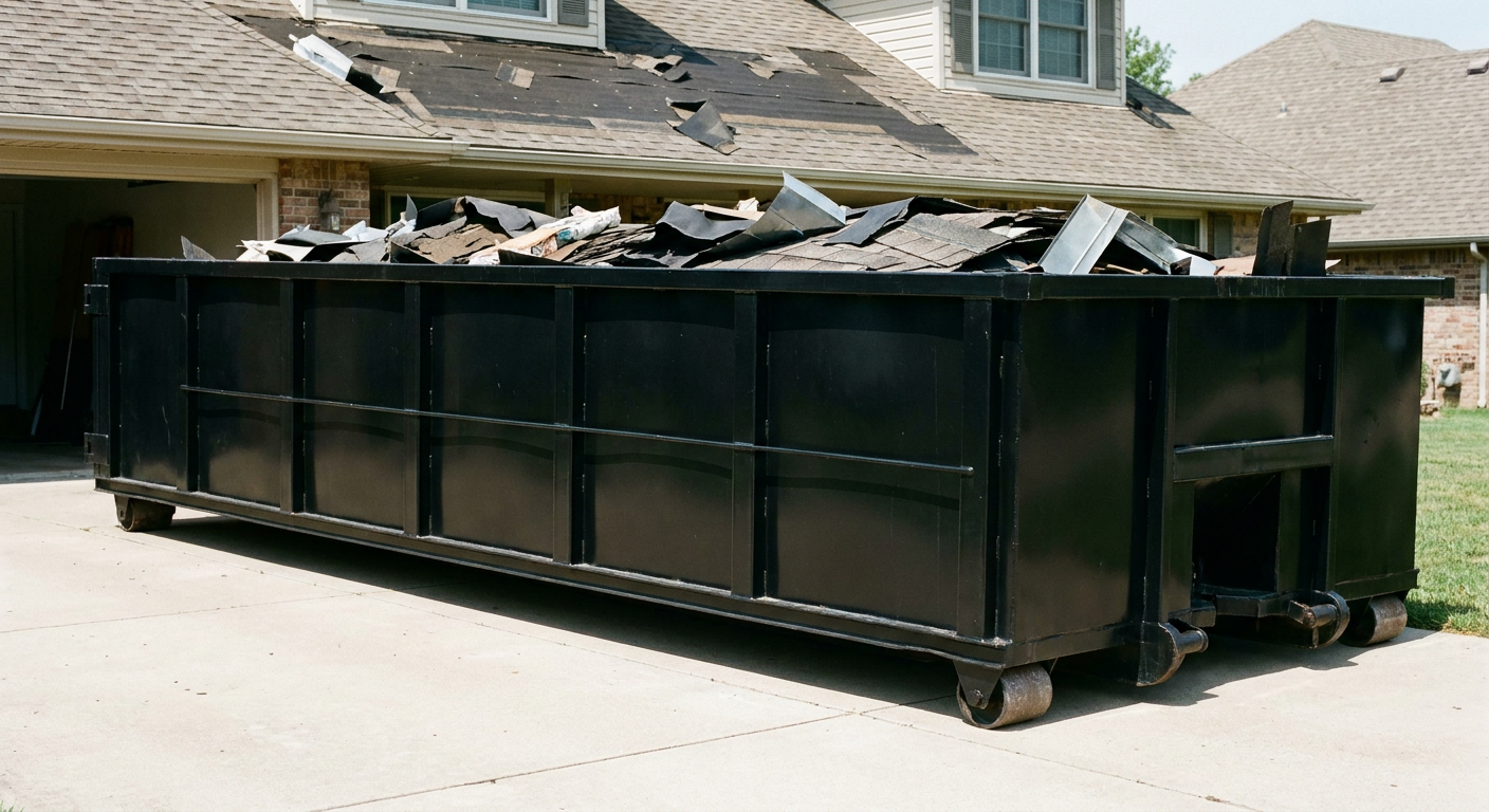 Matte-black 20-yard roofing roll-off dumpster with steel ribbed sides and swinging rear door, sitting directly on the concrete driveway of a two-story Normal home, asphalt shingle debris being loaded over the low wall, clean documentary lighting.