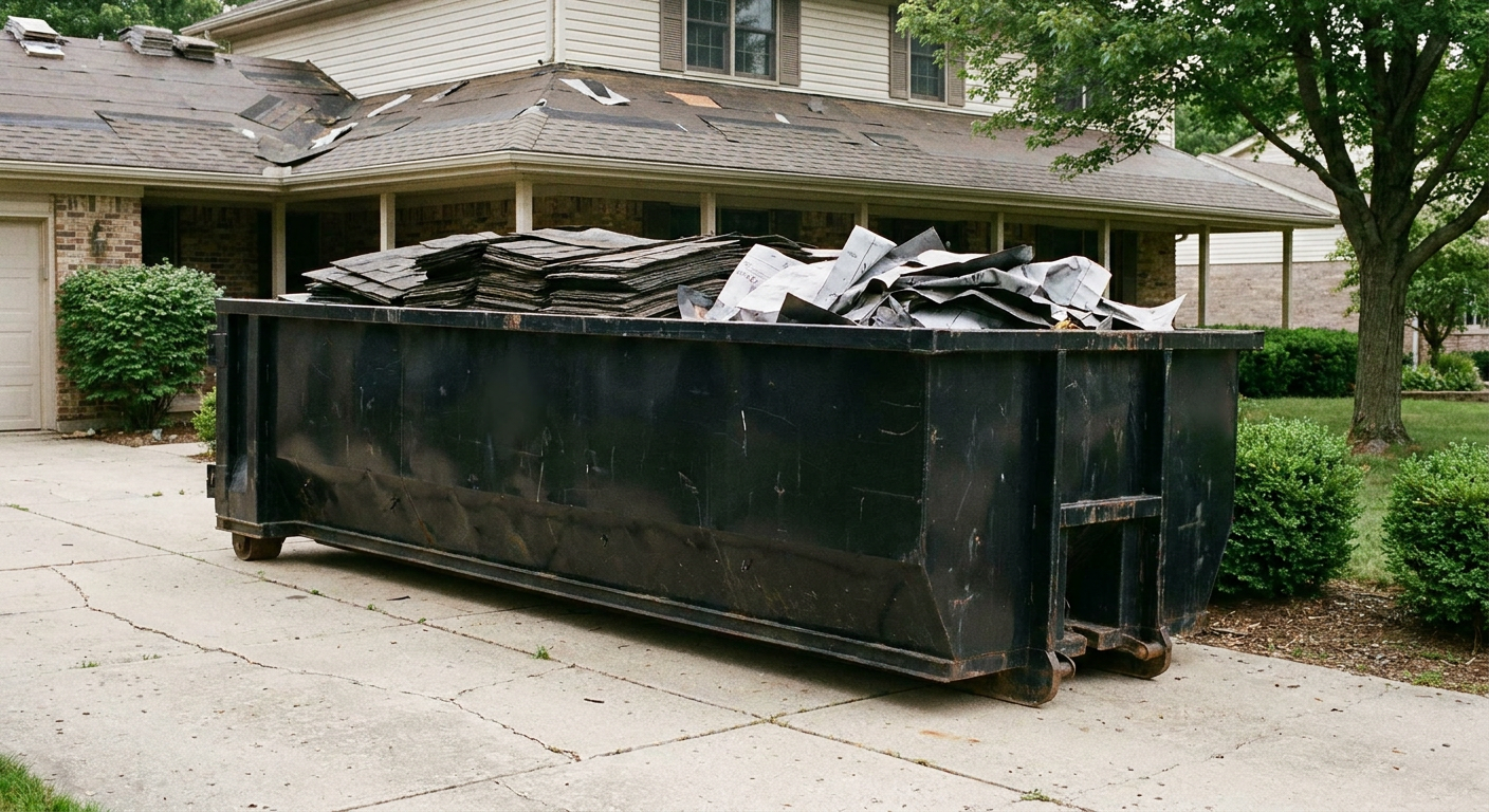 Matte-black 30-yard roofing roll-off dumpster sitting directly on a Normal concrete driveway, taller ribbed steel side panels, mixed tear-off debris of asphalt shingles and underlayment inside, professional documentary daylight.