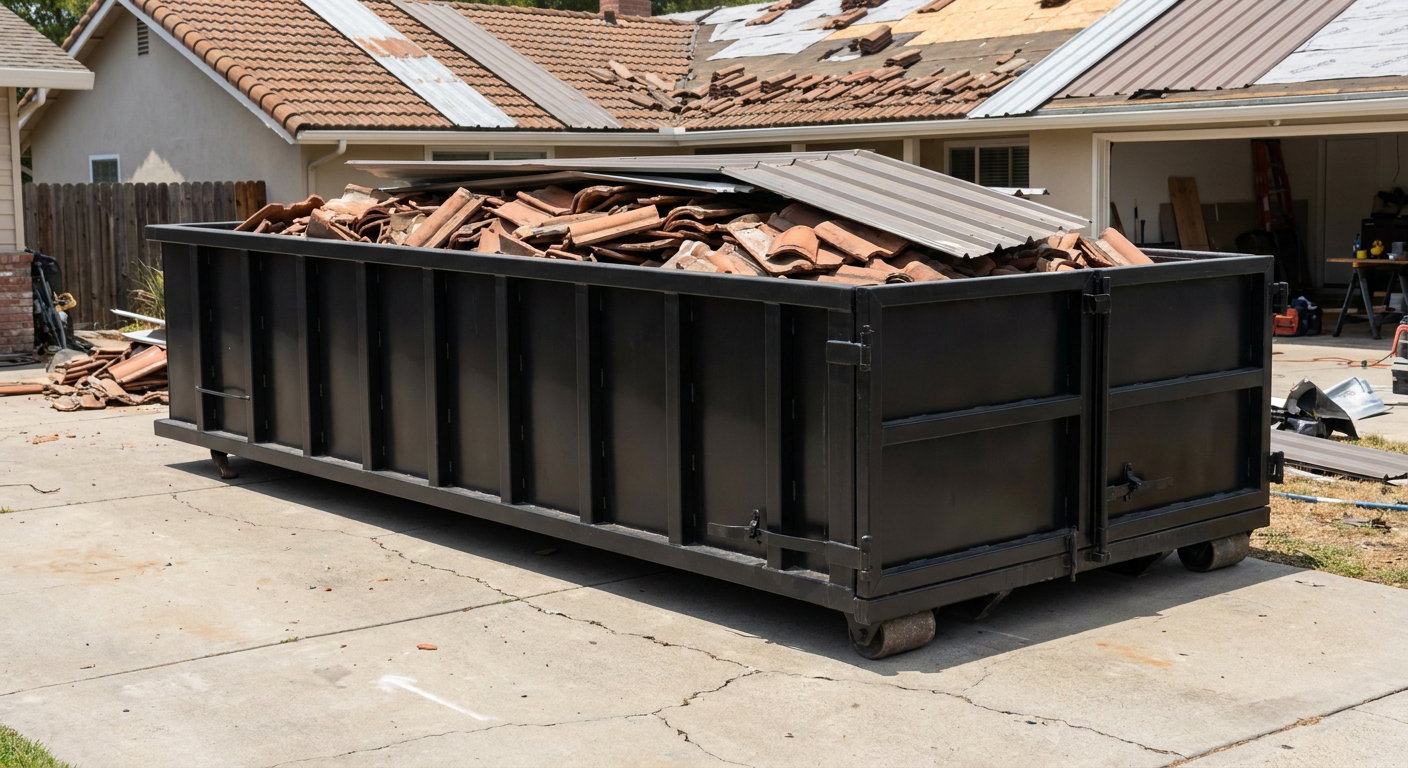 Matte-black low-wall heavy-debris roofing roll-off dumpster sitting directly on a Normal concrete driveway, broken concrete clay roof tiles and metal panel sections loaded inside, reinforced ribbed steel side walls visible, bright outdoor daylight.