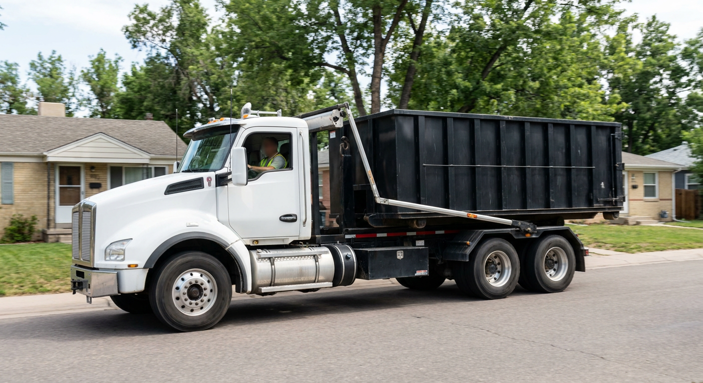 A wide documentary shot of a matte-black roll-off delivery truck pulling onto a quiet Normal residential street at mid-morning, with neighborhood rooftops and tree-lined blocks visible behind, showing the metro coverage footprint.