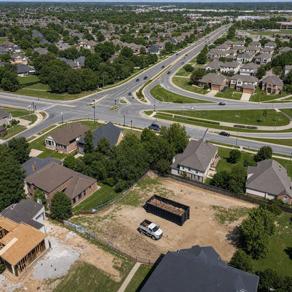 An overhead documentary view of the Normal metro area at midday, showing the spread of neighborhoods, arterial roads, and the dispatch radius from a central yard — clean daylight, organized geographic layout.