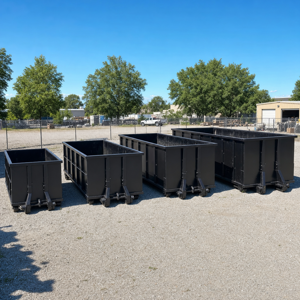 A clean lineup of matte-black roll-off dumpsters in 10, 20, 30, and 40-yard sizes staged on a sunlit gravel yard in Normal, showing the size progression from compact to commercial-scale containers.
