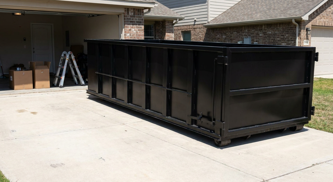 A matte-black 10-yard roll-off dumpster sitting directly on a residential Normal concrete driveway, mid-day sunlight, clean and ready for a garage cleanout.