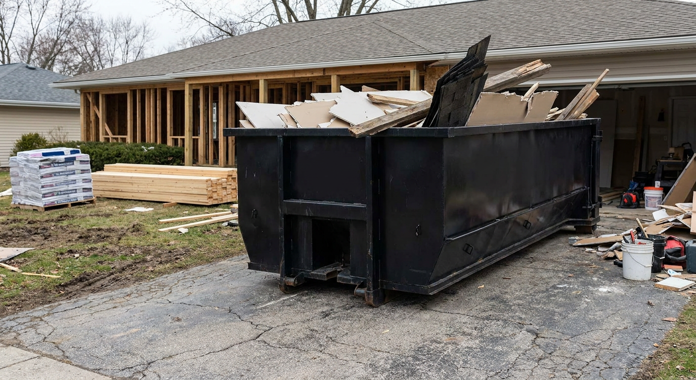 A matte-black 20-yard roll-off dumpster placed alongside a mid-renovation Normal home directly on the asphalt driveway, with framing materials and torn-off shingles staged neatly nearby.