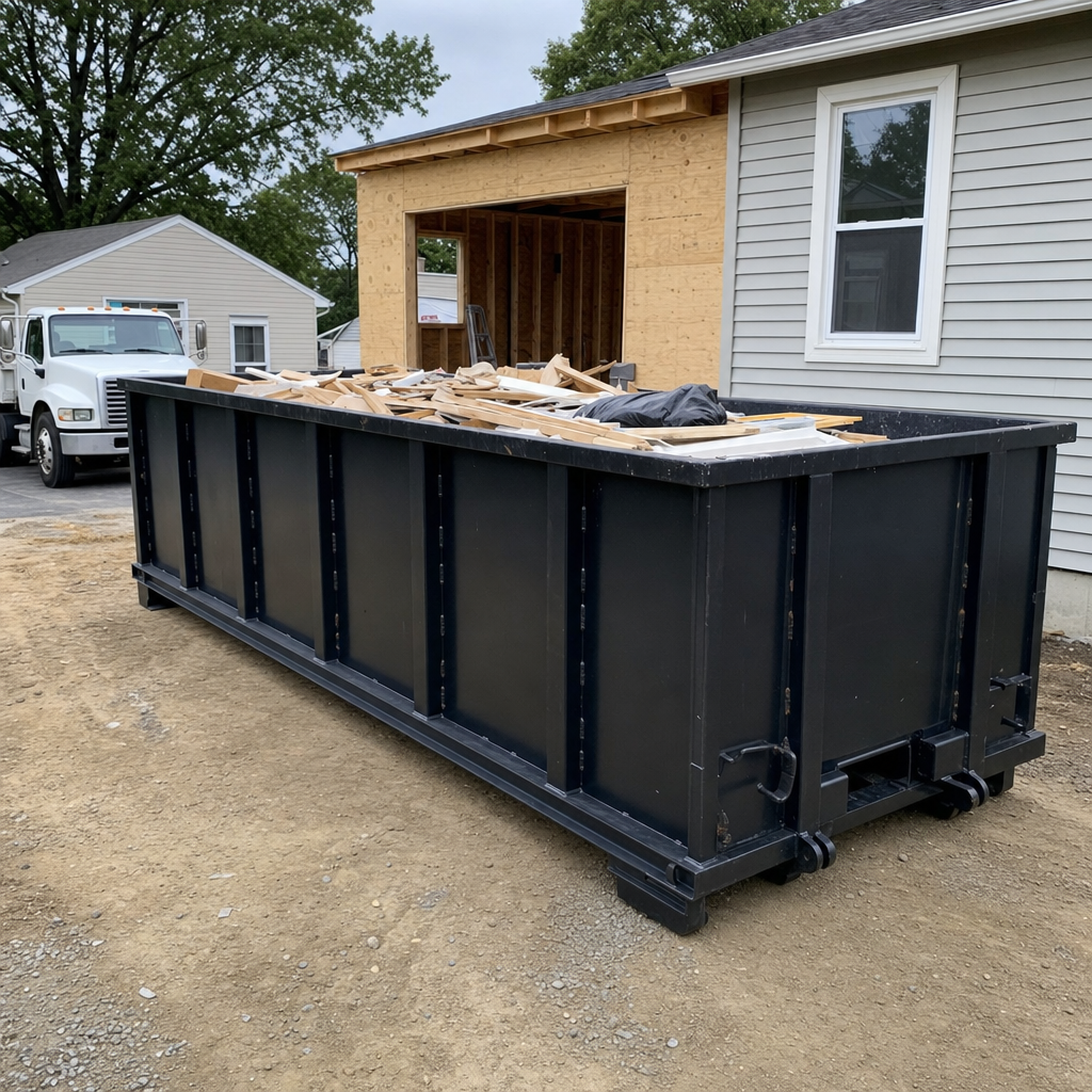 A matte-black 30-yard roll-off dumpster positioned at a Normal residential addition jobsite, with framing lumber and drywall scraps loaded through the open swinging rear doors.