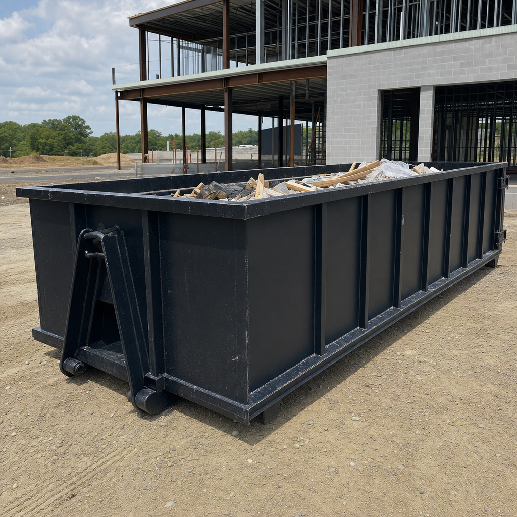 A matte-black 40-yard roll-off dumpster staged on a large Normal commercial construction lot, with a hooklift delivery truck parked alongside under bright midday sky.
