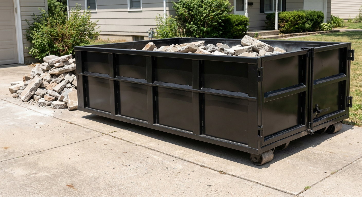 A matte-black low-side heavy-debris roll-off dumpster placed directly on a Normal concrete driveway, with broken concrete chunks neatly stacked beside it under clean daylight.